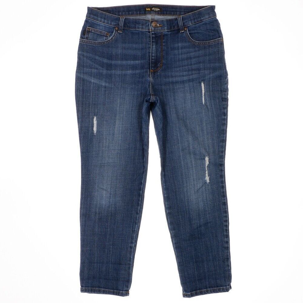 Lee Jeans Womens Size 12 Short Blue Relaxed Girlfriend Distress Measures 33x26.5